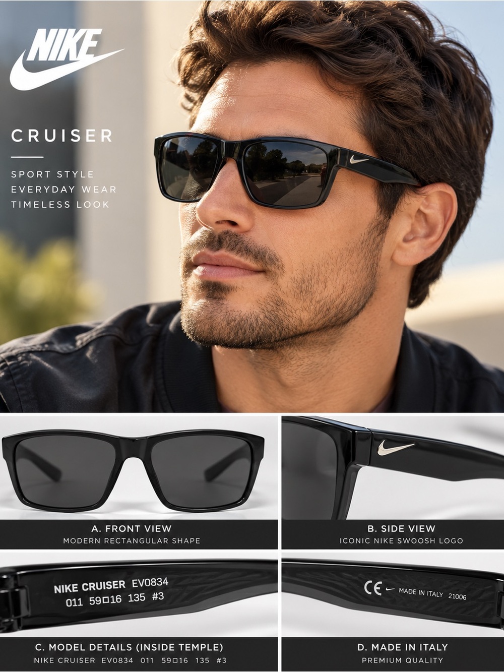 Nike Cruiser EV0834 Men's Black Sunglasses – Made in Italy